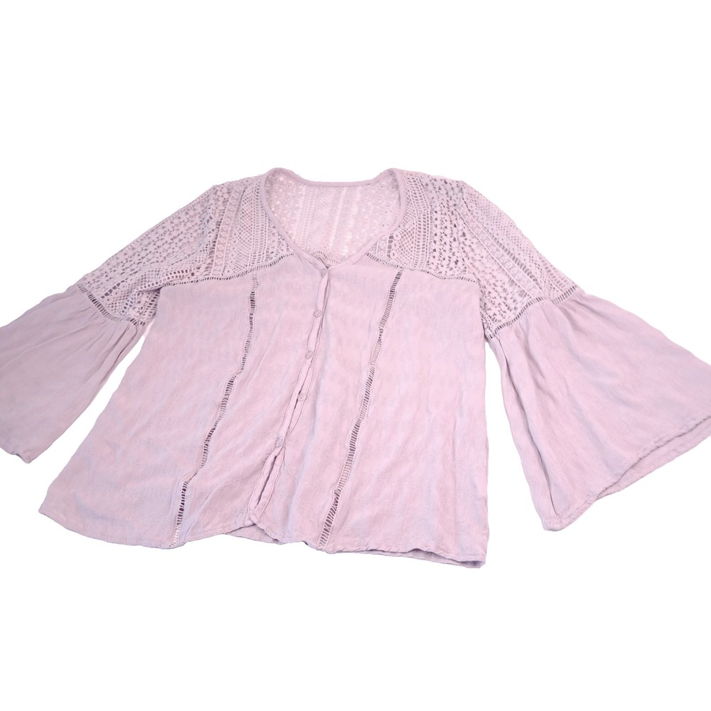 Y2K‎ Crochet Lavender Blouse Shirt Women's S Fairy Bell Sleeves